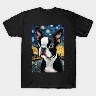 Boston Terrier Dog Breed Painting in a Van Gogh Starry Night Art Style T-Shirt